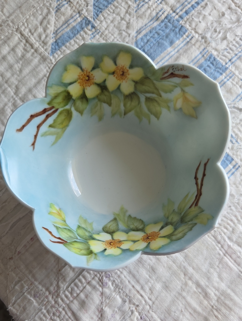 Hand-Painted Floral Ceramic Bowl in Light Blue